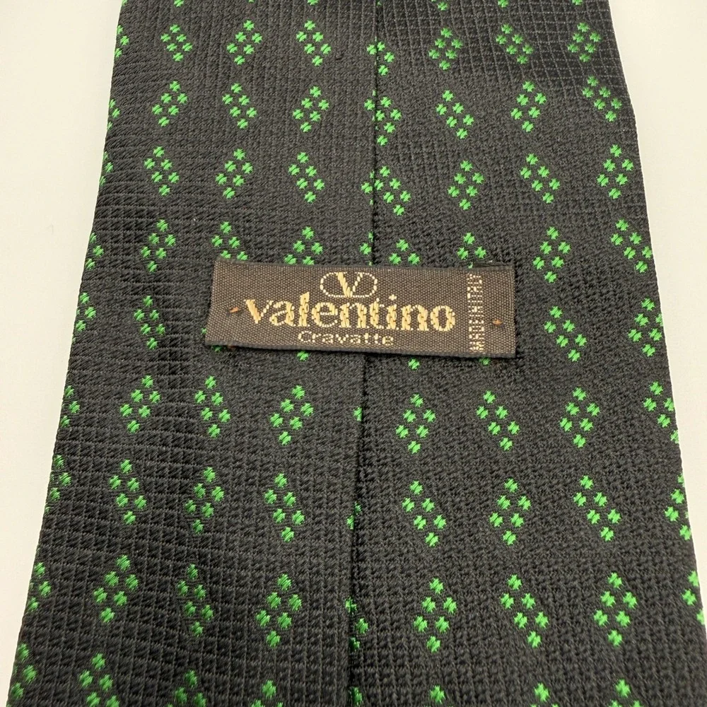 Valentino Necktie‎ Mens OS Black Green Geometric Silk Hand Made Italy Tie